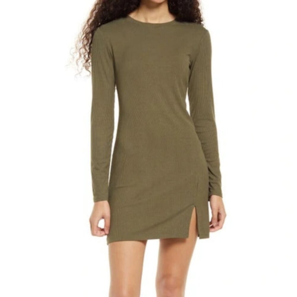 BP Fitted Slit Long Sleeve Rib Dress